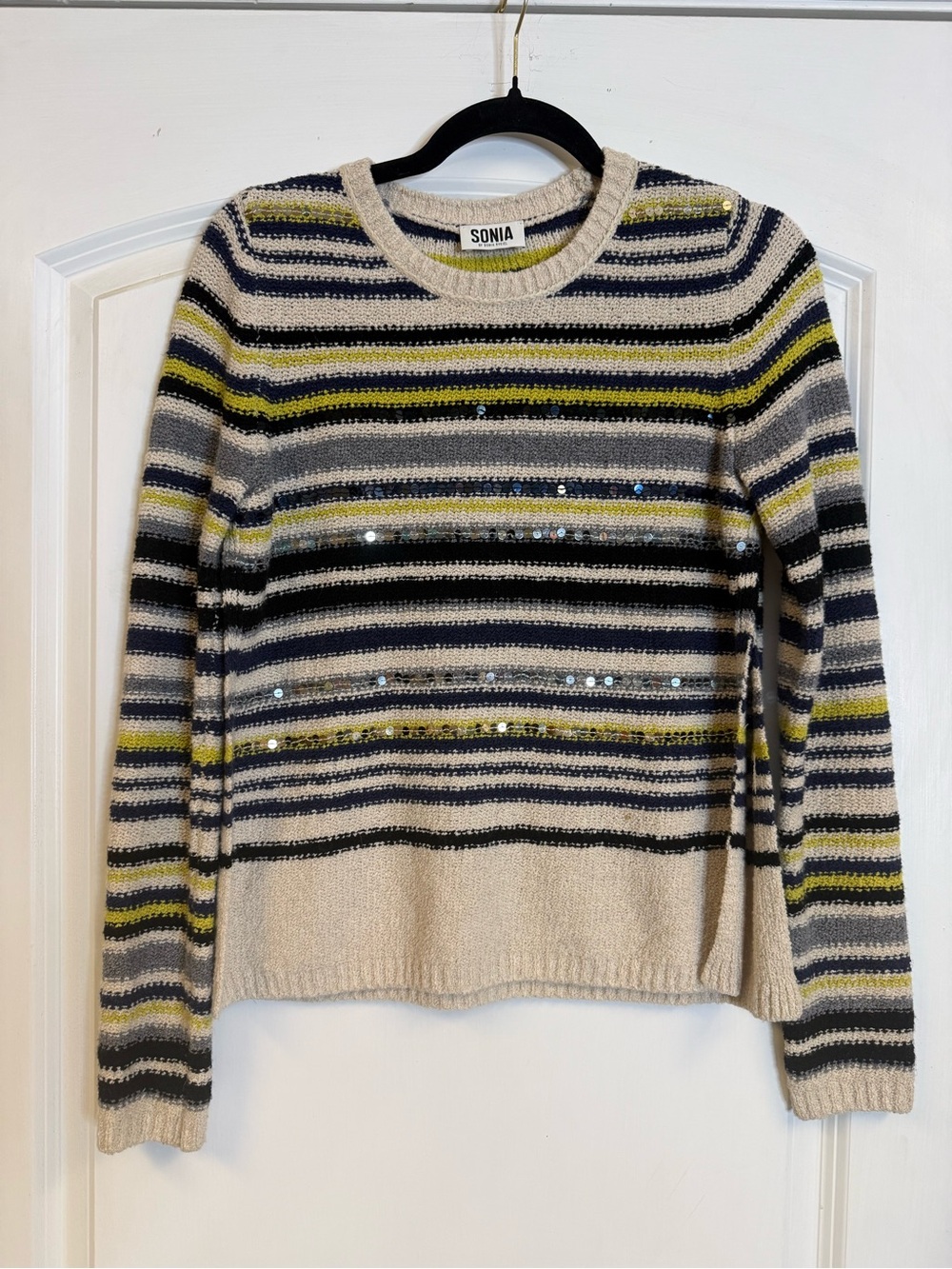 SONIA by Sonia Rykiel Striped Sequin Knit Crewneck Sweater
